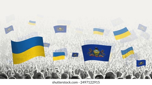 People waving flag of Pennsylvania and Ukraine, symbolizing Pennsylvania solidarity for Ukraine. Vector illustration.