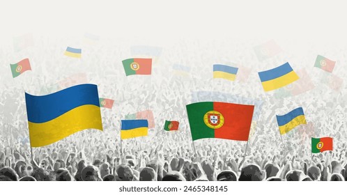 People waving flag of Portugal and Ukraine, symbolizing Portugal solidarity for Ukraine. Vector illustration.