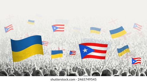 People waving flag of Puerto Rico and Ukraine, symbolizing Puerto Rico solidarity for Ukraine. Vector illustration.