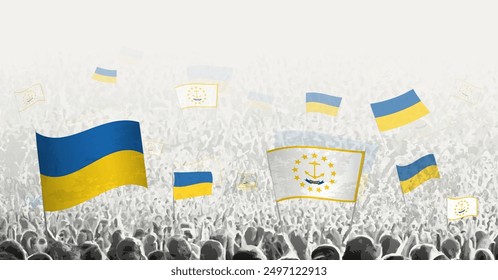 People waving flag of Rhode Island and Ukraine, symbolizing Rhode Island solidarity for Ukraine. Vector illustration.