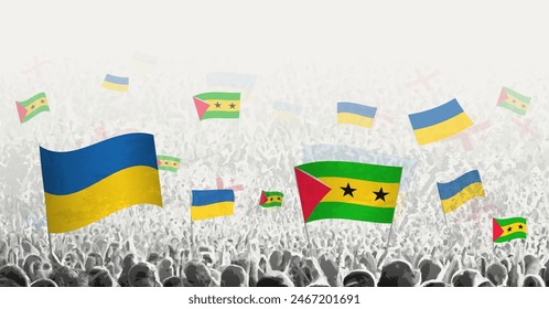 People waving flag of Sao Tome and Principe and Ukraine, symbolizing Sao Tome and Principe solidarity for Ukraine. Vector illustration.