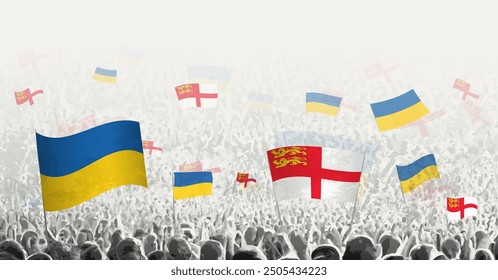 People waving flag of Sark and Ukraine, symbolizing Sark solidarity for Ukraine. Vector illustration.