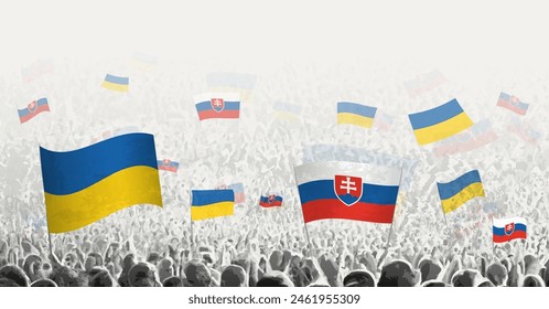 People waving flag of Slovakia and Ukraine, symbolizing Slovakia solidarity for Ukraine. Vector illustration.