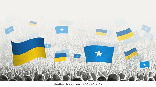 People waving flag of Somalia and Ukraine, symbolizing Somalia solidarity for Ukraine. Vector illustration.