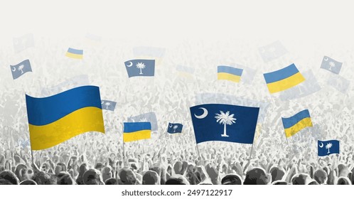 People waving flag of South Carolina and Ukraine, symbolizing South Carolina solidarity for Ukraine. Vector illustration.