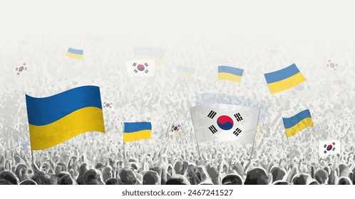 People waving flag of South Korea and Ukraine, symbolizing South Korea solidarity for Ukraine. Vector illustration.