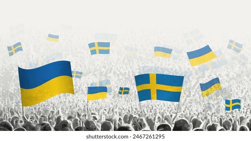 People waving flag of Sweden and Ukraine, symbolizing Sweden solidarity for Ukraine. Vector illustration.