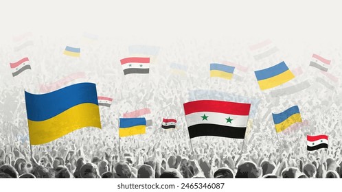 People waving flag of Syria and Ukraine, symbolizing Syria solidarity for Ukraine. Vector illustration.