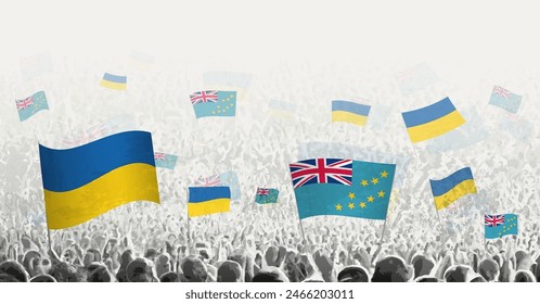 People waving flag of Tuvalu and Ukraine, symbolizing Tuvalu solidarity for Ukraine. Vector illustration.