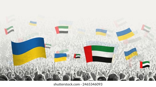 People waving flag of United Arab Emirates and Ukraine, symbolizing United Arab Emirates solidarity for Ukraine. Vector illustration.