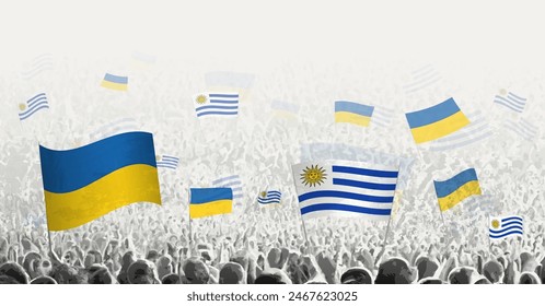 People waving flag of Uruguay and Ukraine, symbolizing Uruguay solidarity for Ukraine. Vector illustration.