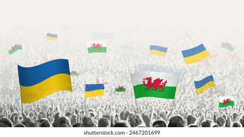 People waving flag of Wales and Ukraine, symbolizing Wales solidarity for Ukraine. Vector illustration.