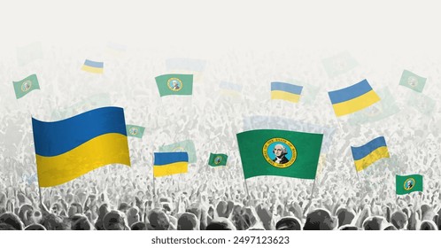 People waving flag of Washington and Ukraine, symbolizing Washington solidarity for Ukraine. Vector illustration.