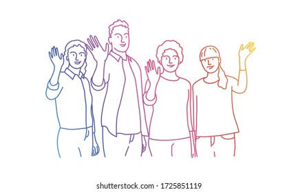 People waving hand. Rainbow colors in linear vector illustration.