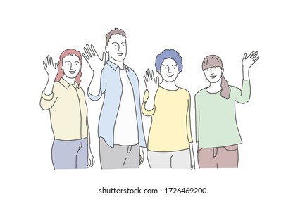 People waving hands. Hand drawn vector illustration.