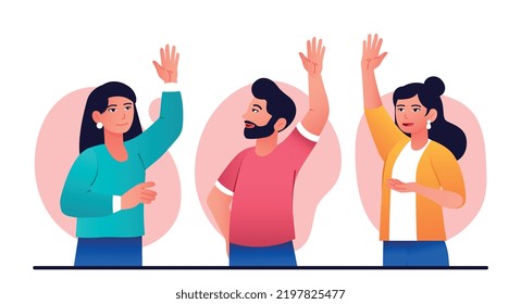 People waving hands. Man and woman greet each other. Friendly and affable characters, new to team. Poster or banner for website. Gestures, emotions and expression. Cartoon flat vector illustration