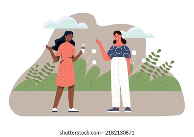 People waving hands. Young girl greets her friend on street, woman with hot drink, coffee or tea in park. Active lifestyle and walk in city park, weekend getaway. Cartoon flat vector illustration