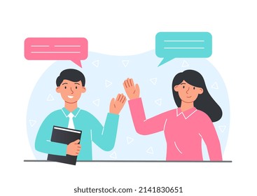 People waving hello. Friendly character, models for advertising posters and banners. Employees and students happy to see newcomer. Metaphor of love and care. Cartoon flat vector illustration