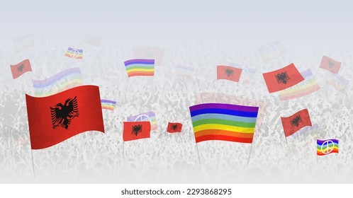 People waving Peace flags and flags of Albania. Illustration of throng celebrating or protesting with flag of Albania and the peace flag. Vector illustration.