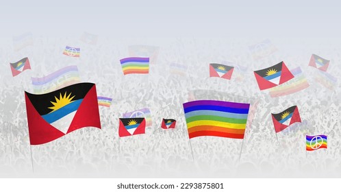 People waving Peace flags and flags of Antigua and Barbuda. Illustration of throng celebrating or protesting with flag of Antigua and Barbuda and the peace flag. Vector illustration.