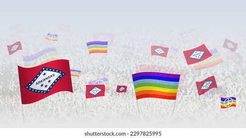 People waving Peace flags and flags of Arkansas. Illustration of throng celebrating or protesting with flag of Arkansas and the peace flag. Vector illustration.