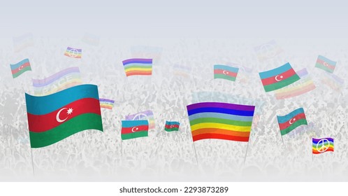 People waving Peace flags and flags of Azerbaijan. Illustration of throng celebrating or protesting with flag of Azerbaijan and the peace flag. Vector illustration.