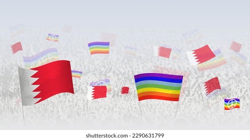 People waving Peace flags and flags of Bahrain. Illustration of throng celebrating or protesting with flag of Bahrain and the peace flag. Vector illustration.