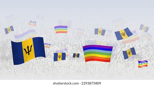 People waving Peace flags and flags of Barbados. Illustration of throng celebrating or protesting with flag of Barbados and the peace flag. Vector illustration.