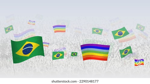 People waving Peace flags and flags of Brazil. Illustration of throng celebrating or protesting with flag of Brazil and the peace flag. Vector illustration.