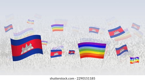 People waving Peace flags and flags of Cambodia. Illustration of throng celebrating or protesting with flag of Cambodia and the peace flag. Vector illustration.
