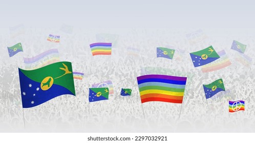 People waving Peace flags and flags of Christmas Island. Illustration of throng celebrating or protesting with flag of Christmas Island and the peace flag. Vector illustration.