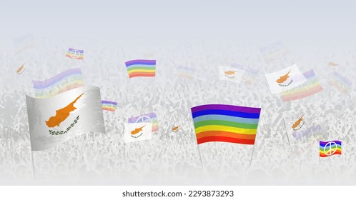 People waving Peace flags and flags of Cyprus. Illustration of throng celebrating or protesting with flag of Cyprus and the peace flag. Vector illustration.