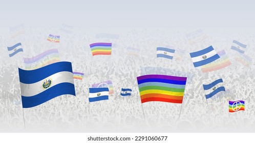People waving Peace flags and flags of El Salvador. Illustration of throng celebrating or protesting with flag of El Salvador and the peace flag. Vector illustration.