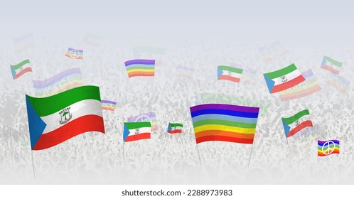 People waving Peace flags and flags of Equatorial Guinea. Illustration of throng celebrating or protesting with flag of Equatorial Guinea and the peace flag. Vector illustration.