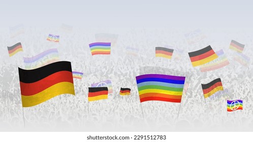 Menschen, die die Fahnen und Flaggen des Friedens in Deutschland schwingen. Illustration von starken Feiern oder Protesten mit der Flagge Deutschlands und der Friedensflagge. Vektorgrafik.