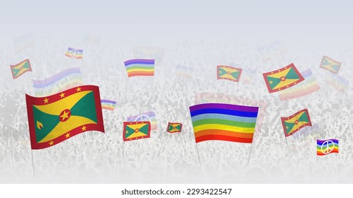 People waving Peace flags and flags of Grenada. Illustration of throng celebrating or protesting with flag of Grenada and the peace flag. Vector illustration.