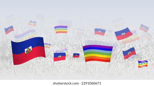 People waving Peace flags and flags of Haiti. Illustration of throng celebrating or protesting with flag of Haiti and the peace flag. Vector illustration.