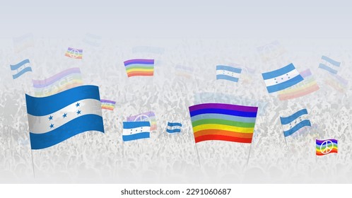 People waving Peace flags and flags of Honduras. Illustration of throng celebrating or protesting with flag of Honduras and the peace flag. Vector illustration.