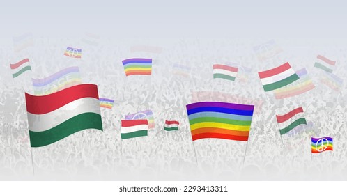 People waving Peace flags and flags of Hungary. Illustration of throng celebrating or protesting with flag of Hungary and the peace flag. Vector illustration.