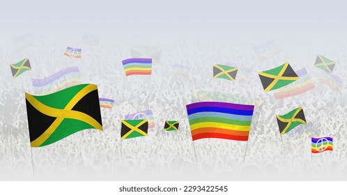 People waving Peace flags and flags of Jamaica. Illustration of throng celebrating or protesting with flag of Jamaica and the peace flag. Vector illustration.