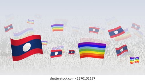 People waving Peace flags and flags of Laos. Illustration of throng celebrating or protesting with flag of Laos and the peace flag. Vector illustration.