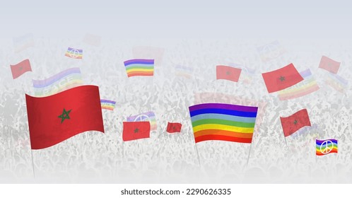 People waving Peace flags and flags of Morocco. Illustration of throng celebrating or protesting with flag of Morocco and the peace flag. Vector illustration.