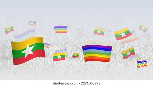 People waving Peace flags and flags of Myanmar. Illustration of throng celebrating or protesting with flag of Myanmar and the peace flag. Vector illustration.