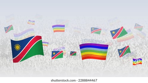 People waving Peace flags and flags of Namibia. Illustration of throng celebrating or protesting with flag of Namibia and the peace flag. Vector illustration.
