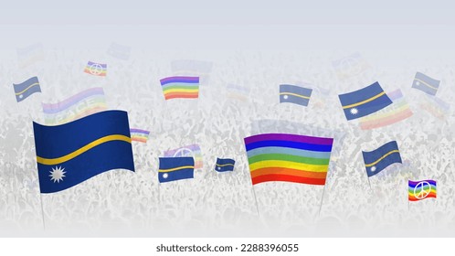 People waving Peace flags and flags of Nauru. Illustration of throng celebrating or protesting with flag of Nauru and the peace flag. Vector illustration.
