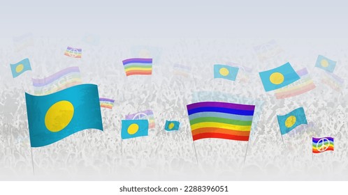 People waving Peace flags and flags of Palau. Illustration of throng celebrating or protesting with flag of Palau and the peace flag. Vector illustration.