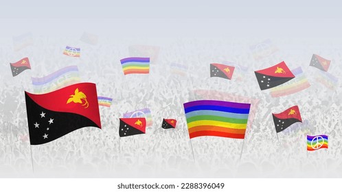People waving Peace flags and flags of Papua New Guinea. Illustration of throng celebrating or protesting with flag of Papua New Guinea and the peace flag. Vector illustration.