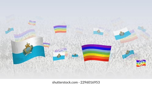 People waving Peace flags and flags of San Marino. Illustration of throng celebrating or protesting with flag of San Marino and the peace flag. Vector illustration.