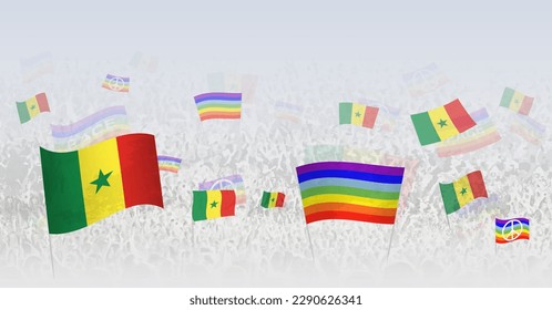 Gente ondeando banderas de paz y banderas de Senegal. Ilustración de una multitud celebrando o protestando con la bandera de Senegal y la bandera de la paz. Ilustración vectorial.