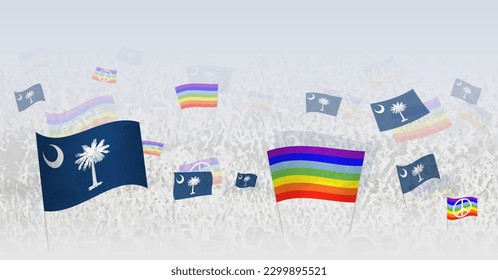 People waving Peace flags and flags of South Carolina. Illustration of throng celebrating or protesting with flag of South Carolina and the peace flag. Vector illustration.